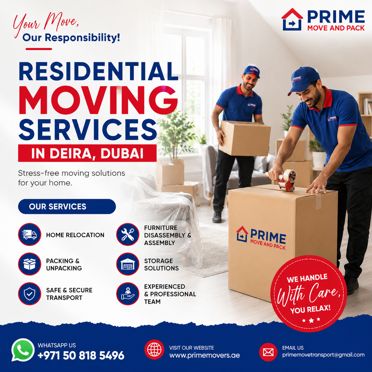 Residential Moving Services in Deira Dubai provide safe, reliable, and affordable home relocation by Prime Movers And Packers.